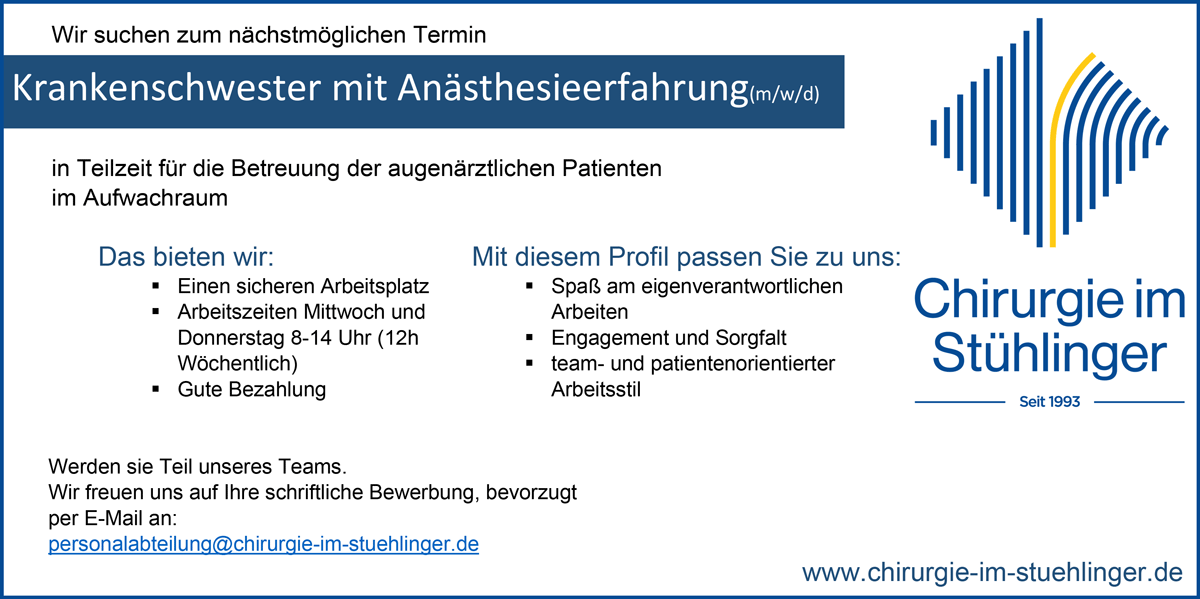 Stellenanzeige für eine freie Stelle als Krankenschwester mit Anästhesieerfahrung in Freiburg im Breisgau